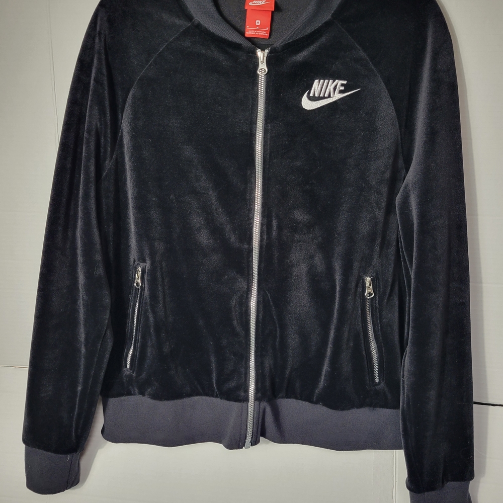 Nike Women's Black Velvet-Look Bomber Jacket with White Logo - Picture 3 of 8